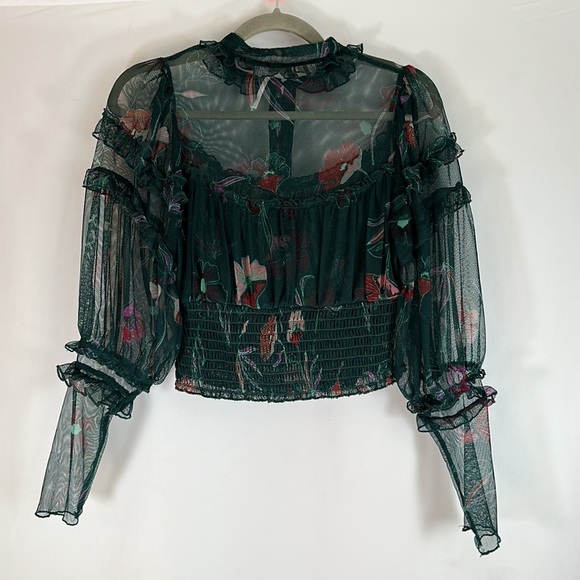 Free People Time for Shine Sheer Green Floral Crop Long Sleeve Top - Picture 7 of 10